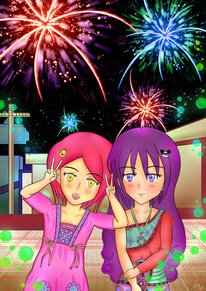 ออกแบบตัวละคร ออกแบบการ์ตูนญี่ปุ่น สองสาวสวยกับการแสดงสัญลักษณ์สันติภาพในยามค่ำคืนที่มีพลุไฟหลากสี
