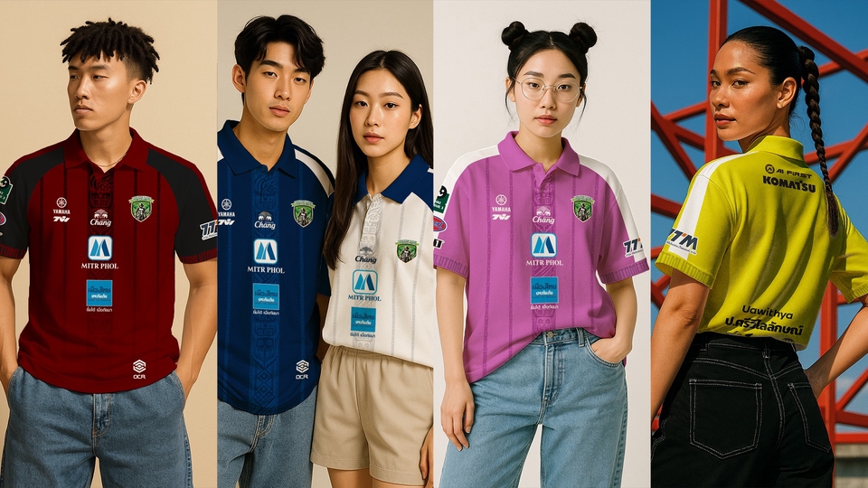 งานออกแบบโดยใช้ภาพจาก AI แล้วรีทัชเสื้อเพื่อใส่ลายจริงของสโมสร ใช้สำหรับโพสต์ขายสินค้า
