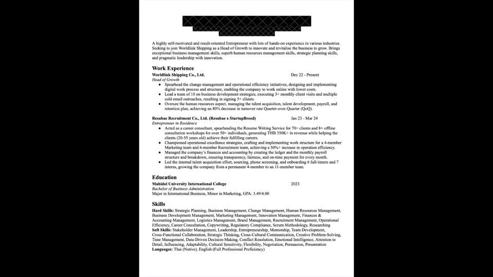 ตัวอย่างเรซูเม่ของลูกค้าระดับ Manager, Director