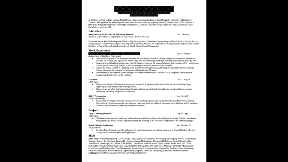 ตัวอย่างเรซูเม่ของลูกค้าในสาน UX/UI Designer