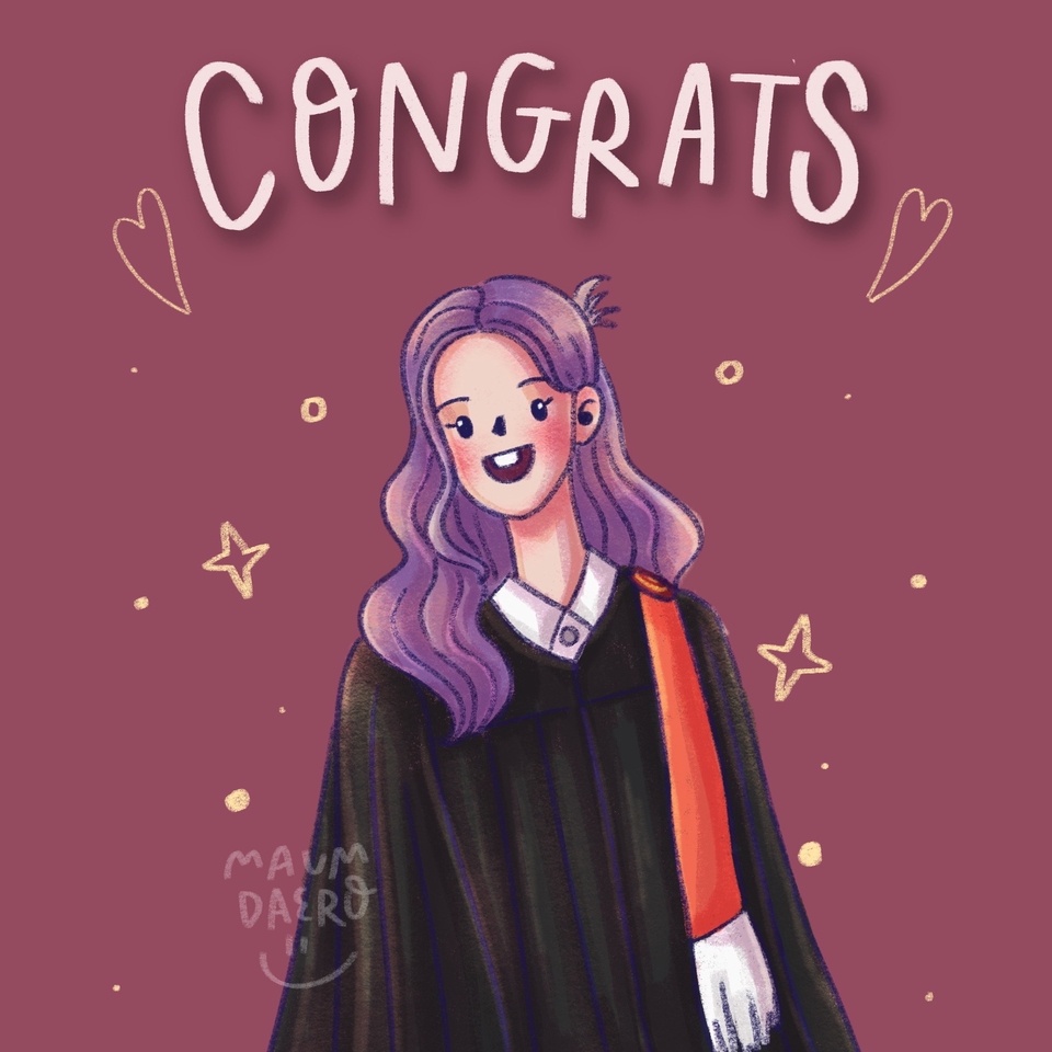 รับวาดรูปการ์ตูนรับปริญญา สไตล์น่ารัก สีน้ำเงินม่วง วาดรูปการ์ตูน