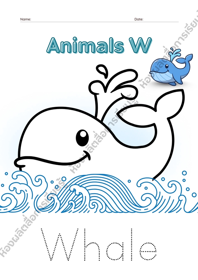 ออกแบบสื่อการศึกษาการเรียนรู้สัตว์ทะเล วาฬ ตัวอักษรภาษาอังกฤษ W สำหรับเด็ก