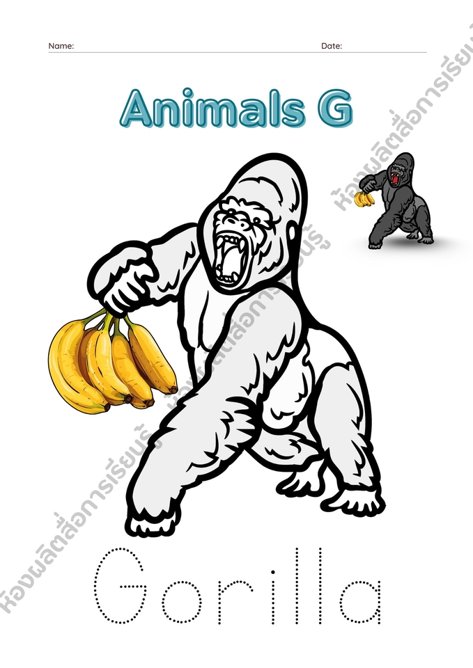 ออกแบบสื่อการศึกษาสำหรับเด็ก เรียนรู้สัตว์ตัวอักษร G กอริลลา