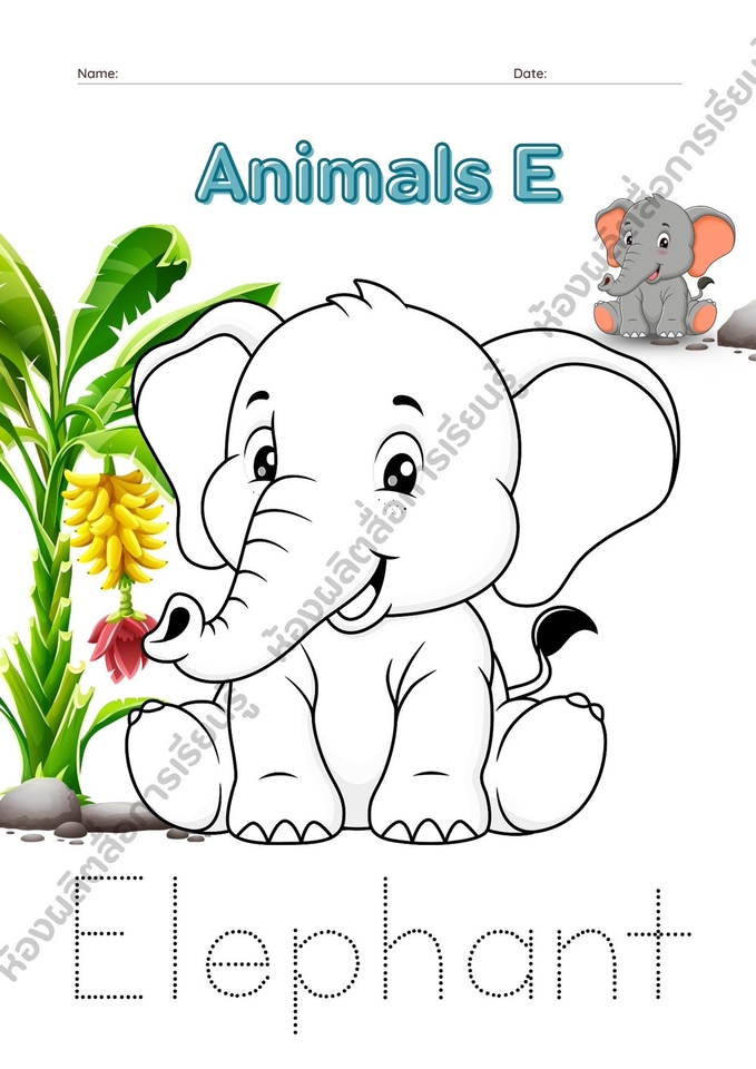 ออกแบบแผ่นพับการเรียนรู้ตัวอักษรภาษาอังกฤษสำหรับเด็ก พร้อมภาพประกอบช้างน่ารัก