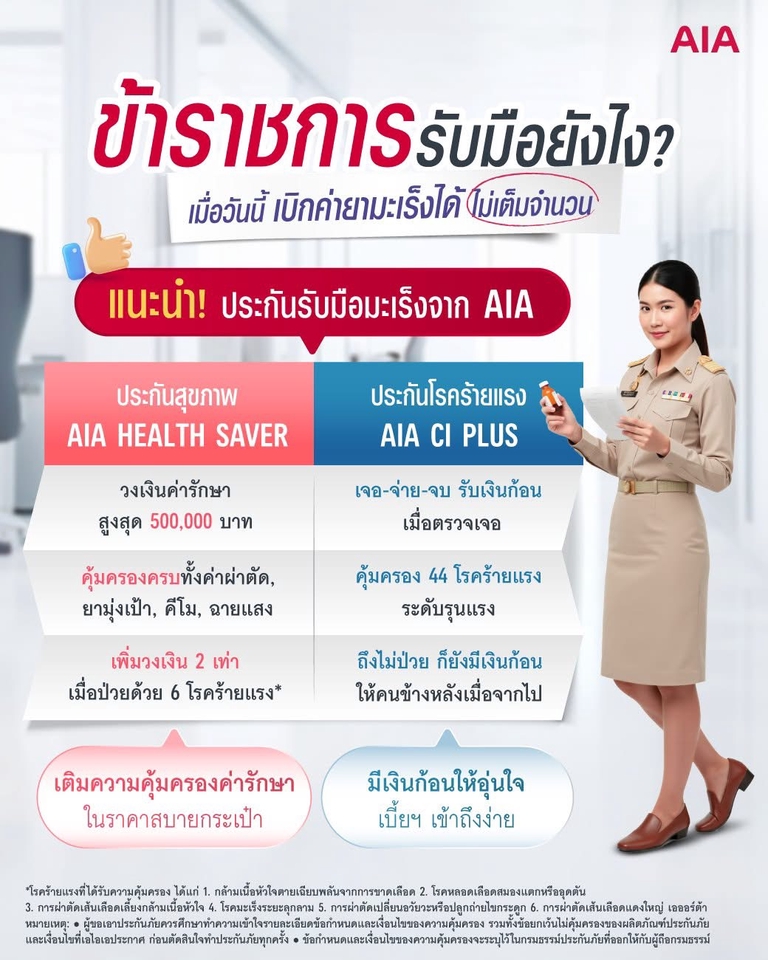 วางแผนประกันสุขภาพจาก AIA สำหรับข้าราชการ รับมือค่ารักษาพยาบาลมะเร็ง วงเงินคุ้มครองสูง คุ้มค่า จ่ายเบี้ยฯ เข้าถึงง่าย ปรึกษาที่ปรึกษาการเงิน วางแผนการเงินก่อนเกษียณ เพื่อชีวิตหลังเกษียณที่ดีขึ้น พร้อมวางแผนประกันชีวิตและประกันสุขภาพ
