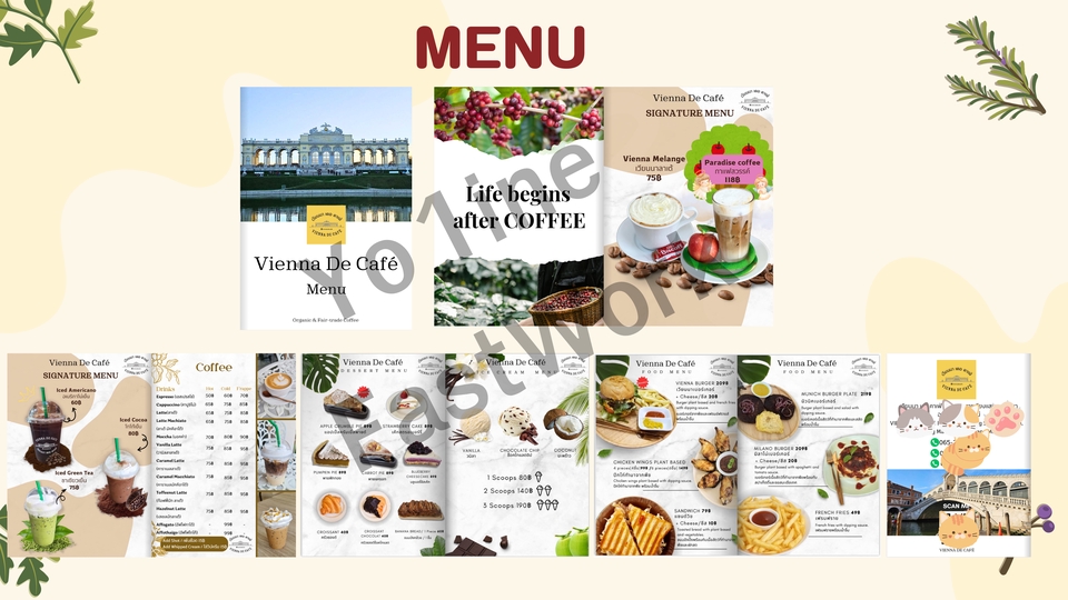 ออกแบบเมนูอาหารร้านกาแฟ Viennia De Cafe สวยหรู พร้อมภาพประกอบน่ารับประทาน