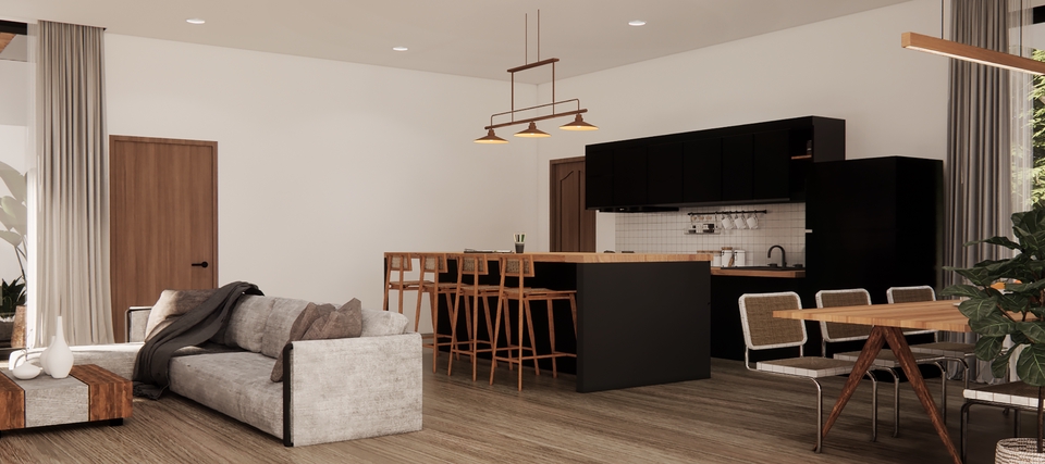 รับออกแบบตกแต่งภายในบ้านสไตล์โมเดิร์นสวยหรู พร้อมครัวและห้องนั่งเล่น