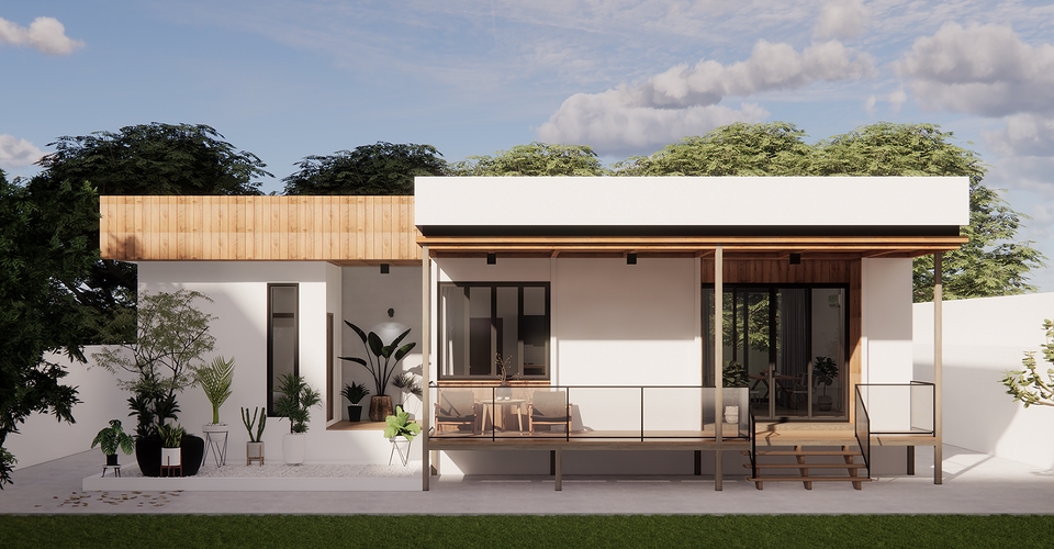 รับออกแบบบ้านโมเดิร์นชั้นเดียว สไตล์มินิมอล ออกแบบตกแต่งภายในสวยงาม