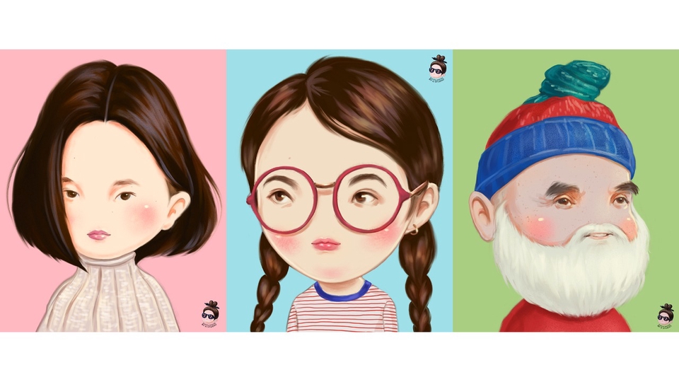 รับวาดรูปการ์ตูน รับวาดการ์ตูน รับวาดรูปเหมือน การ์ตูนน่ารัก ภาพวาดการ์ตูน จ้างวาดรูปการ์ตูน วาดการ์ตูนเหมือนจริง สไตล์การ์ตูน 3 แบบ ผู้หญิงใส่แว่น ผมเปีย กับสาวผมบ็อบสีเข้ม และลุงหนวดเคราสีขาว ใส่หมวกไหมพรม ภาพวาดลายเส้น การ์ตูนไทย วาดภาพการ์ตูนอนิเมะ