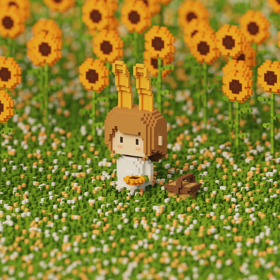 รับปั้นโมเดล 3d คาแรคเตอร์อนิเมะตัวน้อยในทุ่งทานตะวัน สไตล์ Voxel Art ทำโมเดล 3 มิติ สวยงาม