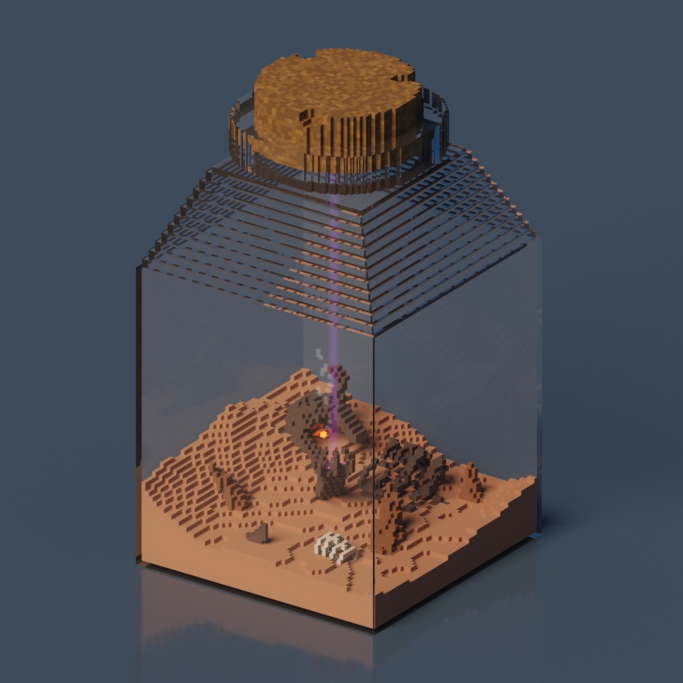 รับปั้นโมเดล 3d กล่องแก้วบรรจุภูมิทัศน์ทะเลทราย voxel พร้อมลำแสง สร้างสรรค์ 3d model สินค้า
