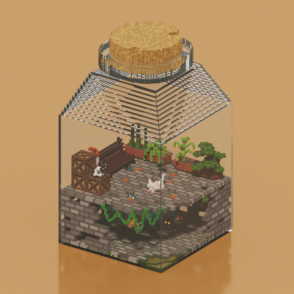 รับปั้นโมเดล 3d จำลองสวนในขวดแก้วสไตล์ Minecraft มีทั้งต้นไม้และน้องเป็ดโมเดล 3 มิติ