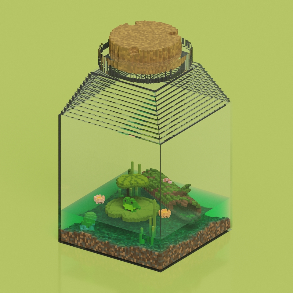 รับปั้นโมเดล 3D terrarium สไตล์ Minecraft พร้อมกบและดอกบัว มีบริการรับทำโมเดล 3d คุณภาพ