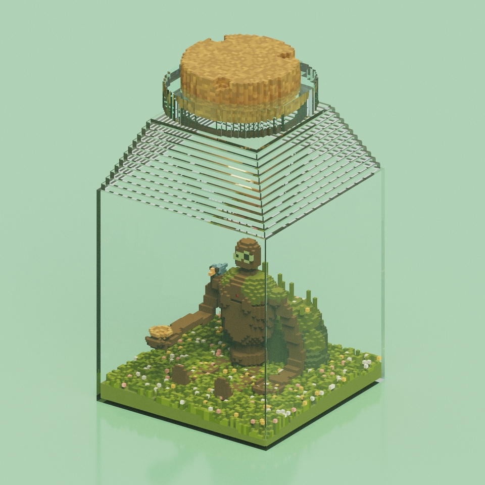 รับปั้นโมเดล 3d หุ่นยนต์ในขวดแก้ว 3 มิติ สไตล์ voxel พร้อมดอกไม้และนก