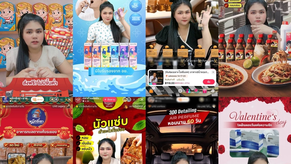 ภาพรวมของพนักงานขายสินค้าออนไลน์ และพนักงานขายออกบูธตามห้างมากมาย กำลังไลฟ์สดขายของ โปรโมทสินค้าในหลายจังหวัด รวมถึงพนักงานขาย กรุงเทพฯ เชียงใหม่ นนทบุรี ปทุมธานี รังสิต สมุทรปราการ ขอนแก่น ภูเก็ต โคราช