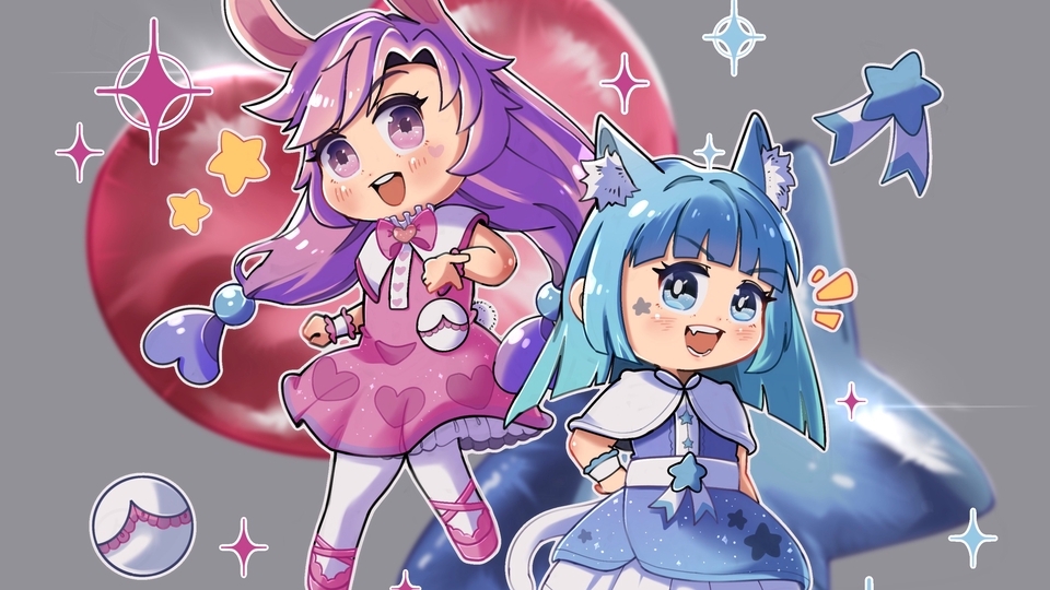 ออกแบบตัวละครจิบิ สไตล์อนิเมะญี่ปุ่น น่ารัก สีชมพู ฟ้า วาดภาพประกอบ