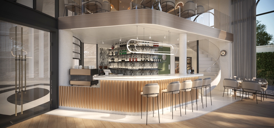 รับออกแบบ 3d perspective: มุมมองร้านอาหารหรูหราทันสมัย เหมาะสำหรับงานออกแบบร้านค้า 3d