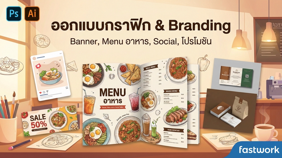 ออกแบบกราฟิก & Branding | Banner, Menu อาหาร , Social, โปรโมชัน