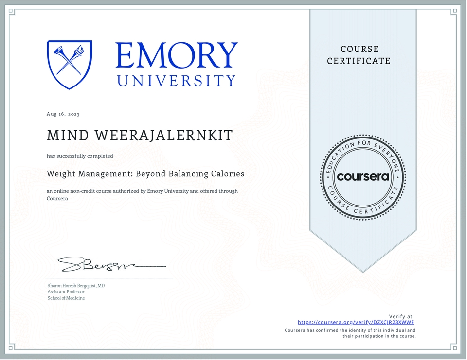 รับปรึกษาโภชนาการออนไลน์  หลักสูตรบริหารน้ำหนักจากมหาวิทยาลัย Emory