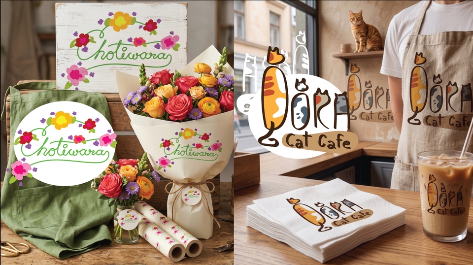 รับออกแบบโลโก้ ชามุกแบรนด์ DORA Cat Cafe โลโก้สวยงาม โลโก้ร้านกาแฟ โลโก้แมว