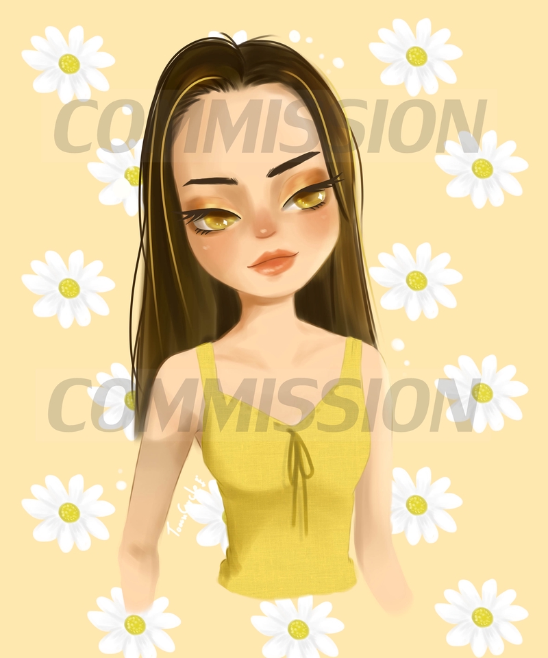 รับวาดรูปภาพประกอบสไตล์การ์ตูนน่ารัก  ภาพหญิงสาวชุดเหลืองดอกเดซี่