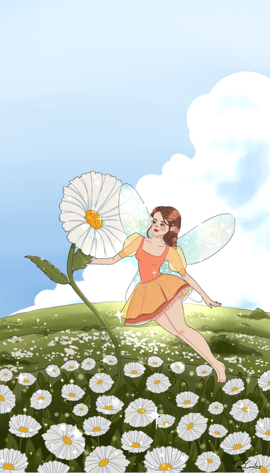 รับวาดภาพประกอบนิทาน  นางฟ้าในทุ่งดอกเดซี่ ภาพวาดดิจิตอล