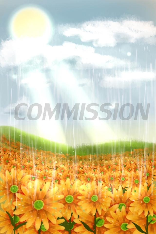 รับวาดภาพประกอบดิจิตอลเพ้นท์ภาพดอกไม้ทุ่งสวยงาม ฝนตก แดดออก