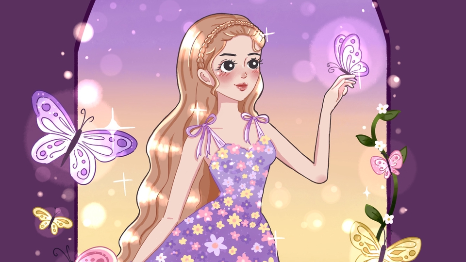 วาดภาพประกอบหญิงสาวสวยกับผีเสื้อ สีม่วงหวาน