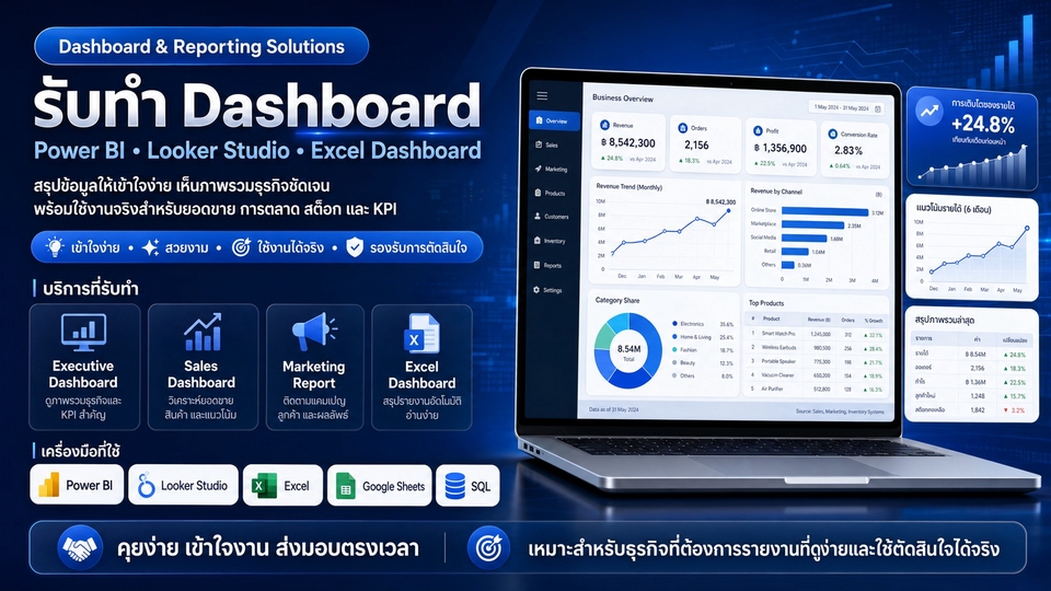 รับทำ Dashboard สำหรับวิเคราะห์ข้อมูลธุรกิจ พร้อมสรุปข้อมูลให้เข้าใจง่ายด้วย Power BI, Looker Studio, Excel, วิเคราะห์ข้อมูลสถิติ ทำ Dashboard, Data Visualization, รับวิเคราะห์ข้อมูลงานวิจัย, รับวิเคราะห์ spss, ราคาถูก