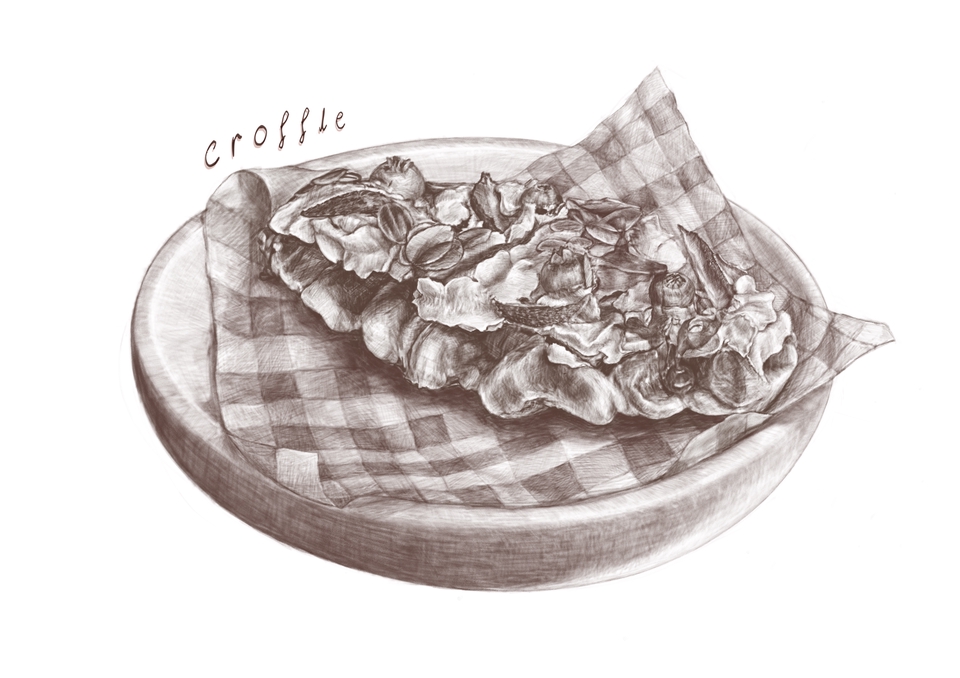 วาดภาพเหมือนอาหาร croffle สไตล์ภาพวาดมือ