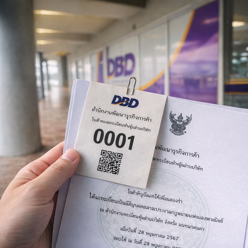 เอกสารกรมพัฒนาธุรกิจการค้า (DBD) พร้อมบัตรคิว แสดงขั้นตอนการจดทะเบียนบริษัทอย่างเป็นทางการ