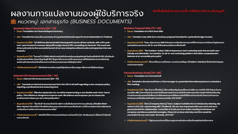 ตัวอย่างงานแปลเอกสารธุรกิจ (Business): โชว์ทักษะการสื่อสารอย่างเป็นทางการและเฉียบคมสำหรับภายในองค์กร