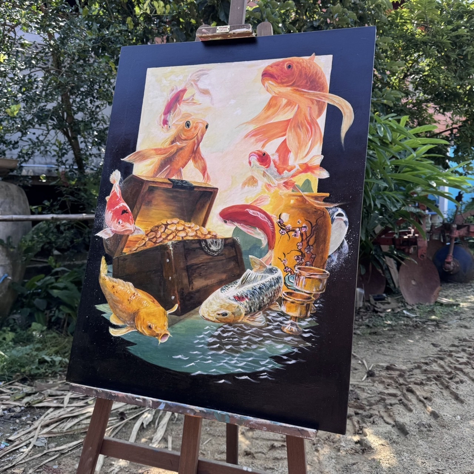 รับทำของขวัญแฮนเมด ปลากัดสีสันสดใส ภาพวาดสีน้ำมัน