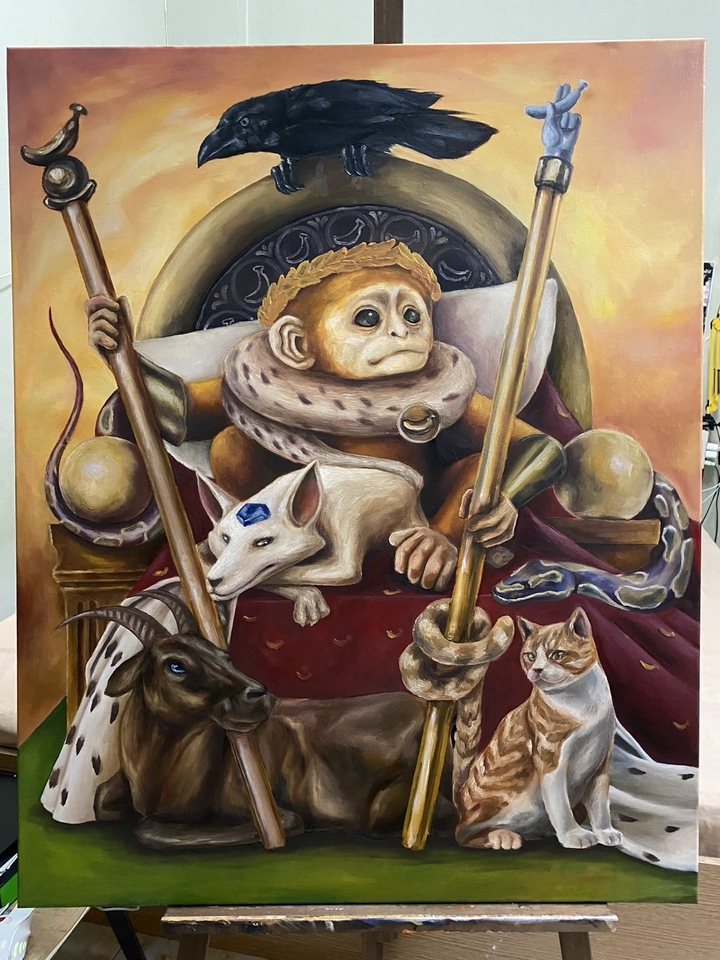 รับทำของขวัญแฮนเมดภาพวาดลิงทรงบัลลังก์