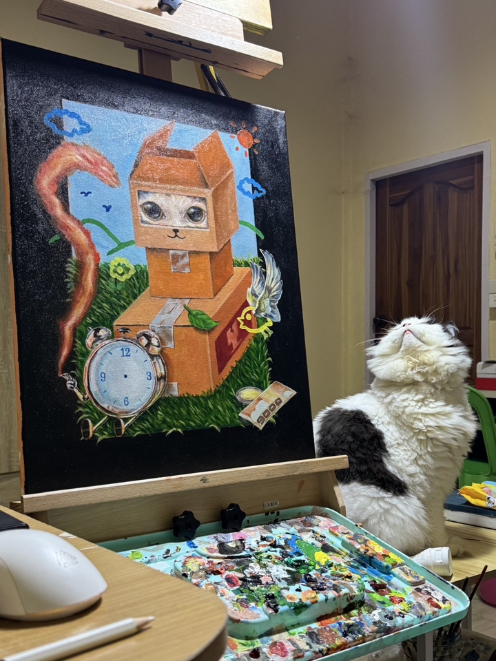 รับทำของขวัญแฮนเมด ภาพวาดแมวในกล่องน่ารัก