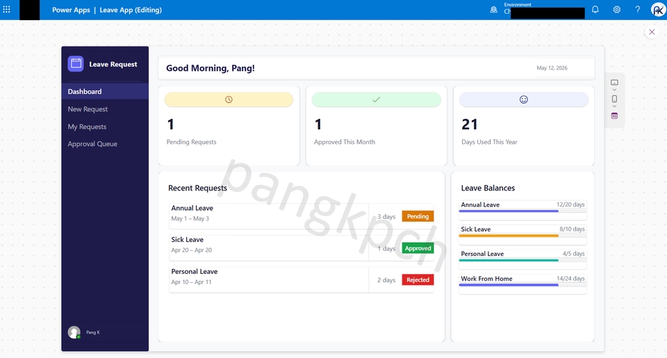 ตัวอย่าง Power Apps (Leave Request App)