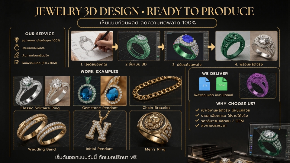 ออกแบบเครื่องประดับ 3D CAD แหวน จี้ สร้อย งานผลิตจริง รองรับเพชร พลอย ทุกสไตล์