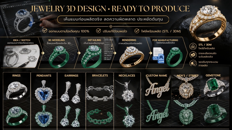 รับทำ Jewelry 3D Model ดีไซน์หรู แหวน สร้อย ต่างหู พร้อมไฟล์ผลิต OEM