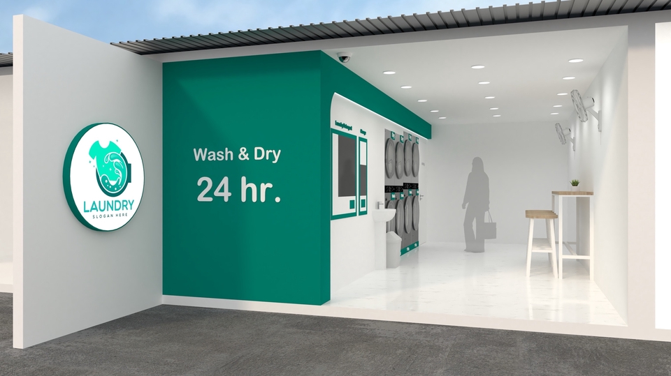 รับออกแบบร้าน laundry 24 ชั่วโมง ออกแบบและตกแต่งภายในสวยงาม ทันสมัย พร้อมเครื่องซักผ้าและอบผ้า ตกแต่งร้านค้า บริการออกแบบตกแต่งร้าน บริการรีโนเวทร้าน ออกแบบร้านค้า 24 ชม.