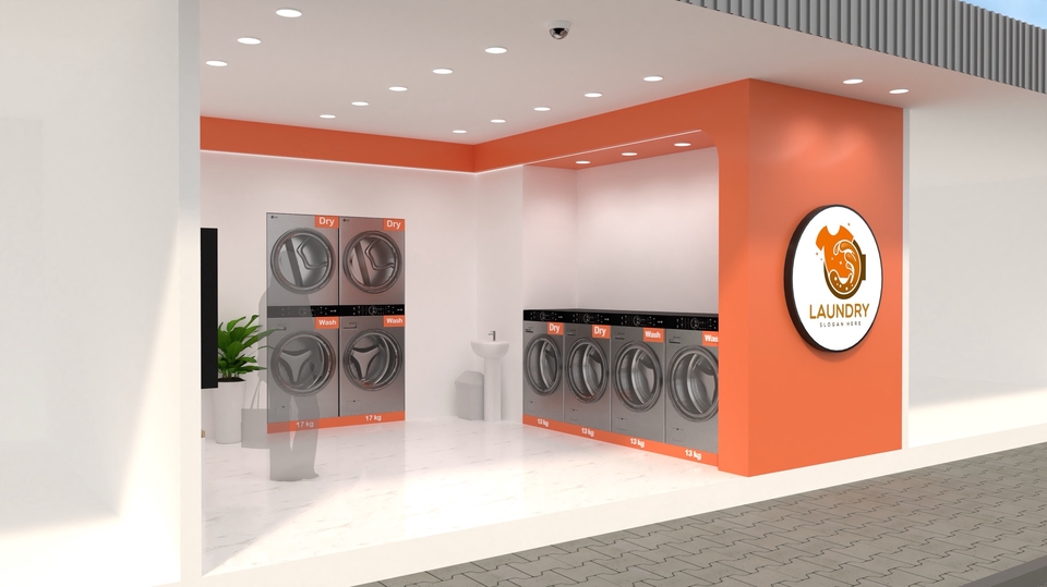 รับออกแบบภายใน ร้านซักผ้าทันสมัย โทนสีส้มขาว ตกแต่งสวยงาม มีเครื่องซักผ้าและอบผ้าจำนวนมาก บริการครบวงจร เหมาะสำหรับ รีโนเวทร้านซักรีด ตกแต่งร้านซักผ้า ออกแบบร้านค้า อุปกรณ์ซักผ้า เฟอร์นิเจอร์ร้านซักผ้า สไตล์โมเดิร์น