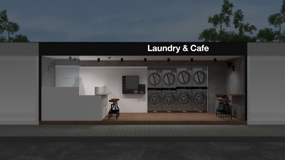 ภาพร้านซักผ้าและคาเฟ่สมัยใหม่ รับออกแบบร้าน ออกแบบตกแต่งภายใน รวมถึงบริการ รีโนเวทบ้าน ออกแบบร้านอาหาร ร้านกาแฟ และออกแบบตกแต่งภายในทั้งหมด 3 มิติ เพื่อให้ได้ตามความต้องการของคุณ