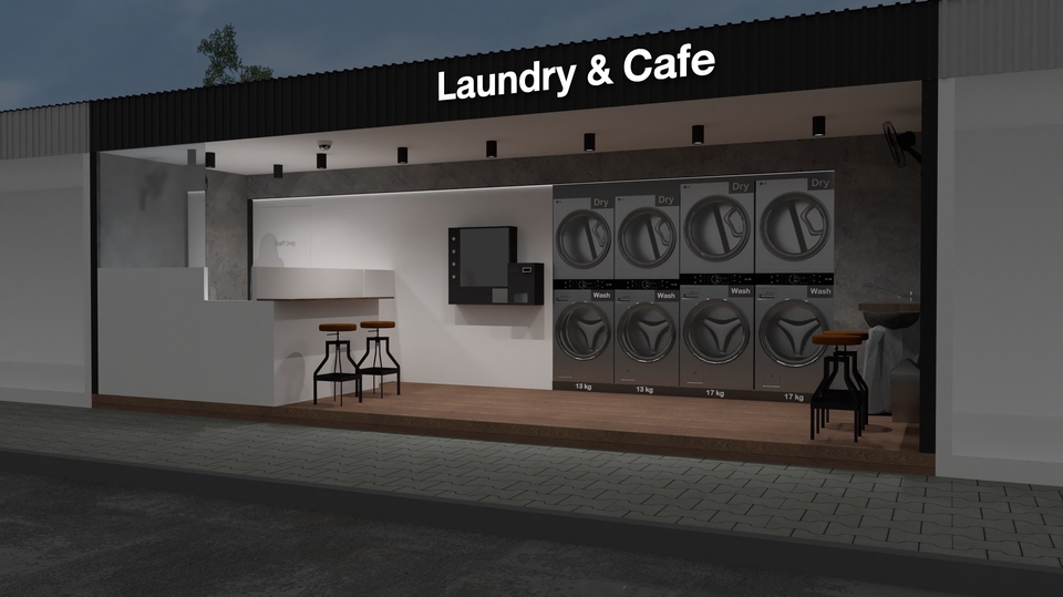 รับออกแบบร้าน ออกแบบร้านซักรีดและคาเฟ่สมัยใหม่ ตกแต่งภายในสวยงาม พร้อมเครื่องซักผ้าและเคาน์เตอร์บาร์ ร้านค้าสวยๆ ไอเดียตกแต่งร้าน เก้าอี้บาร์ ออกแบบร้านกาแฟน่ารักๆ เฟอร์นิเจอร์ร้านค้า สไตล์มินิมอล ออกแบบร้านอาหาร