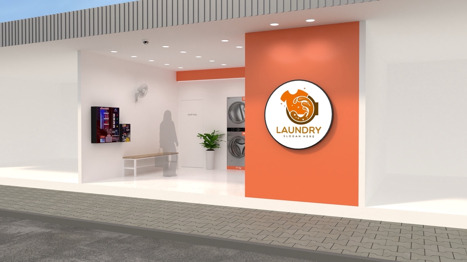 รับออกแบบร้าน! ภาพด้านหน้าอาคารร้านซักผ้าแบบโมเดิร์น มีป้ายโลโก้ร้านโดดเด่นสีส้ม พร้อมเครื่องซักผ้าและทางเข้าร้าน ตกแต่งภายในสวยงาม เหมาะสำหรับรีโนเวทร้านค้า ออกแบบร้านค้า ออกแบบตกแต่งร้าน รับออกแบบร้านอาหาร ออกแบบร้านกาแฟ ออกแบบภายในร้าน
