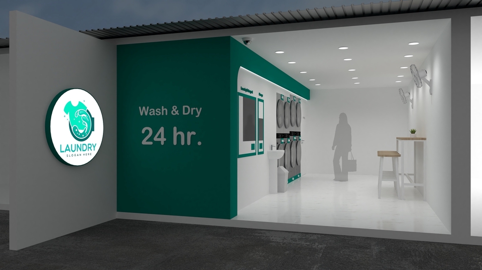 รับออกแบบตกแต่งภายในร้านซักรีดทันสมัย 24 ชั่วโมง พร้อมป้ายไฟสวยงาม โทนสีเขียวขาวสะอาดตา ออกแบบร้านค้าให้สวยและใช้งานได้จริง รีโนเวทร้านค้า ออกแบบร้าน รับออกแบบร้านอาหาร