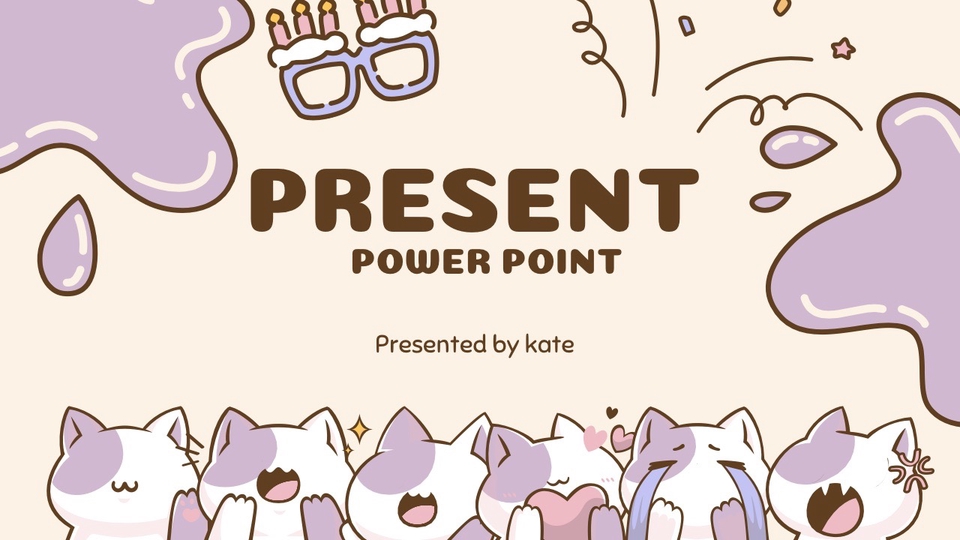 พาวเวอร์พ้อย ดีไซน์น่ารัก โทนสีม่วงครีม พร้อมตัวการ์ตูนสุดน่ารัก เหมาะสำหรับใช้เรียน และ นำเสนองาน