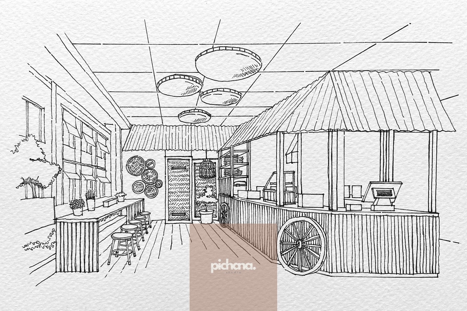 รับวาดภาพประกอบร้านค้า สไตล์การ์ตูน ภาพประกอบร้านอาหาร