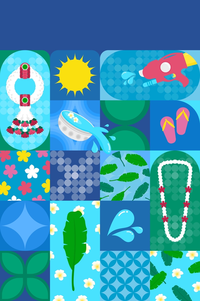 รับวาดภาพประกอบลายไทย สงกรานต์ สีน้ำเงินสดใส