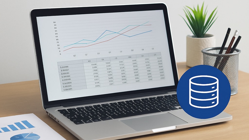 รับวิเคราะห์ข้อมูล spss: ภาพแสดงการวิเคราะห์ข้อมูลและกราฟบนหน้าจอคอมพิวเตอร์ ทำ dashboard วิเคราะห์ข้อมูลสถิติ พร้อมไอคอนฐานข้อมูล เหมาะสำหรับนักวิเคราะห์ข้อมูลและงานวิจัย รับวิเคราะห์งานวิจัย ช่วยแปลผล spss และสร้าง data visualization เพื่อนำเสนอผลลัพธ์