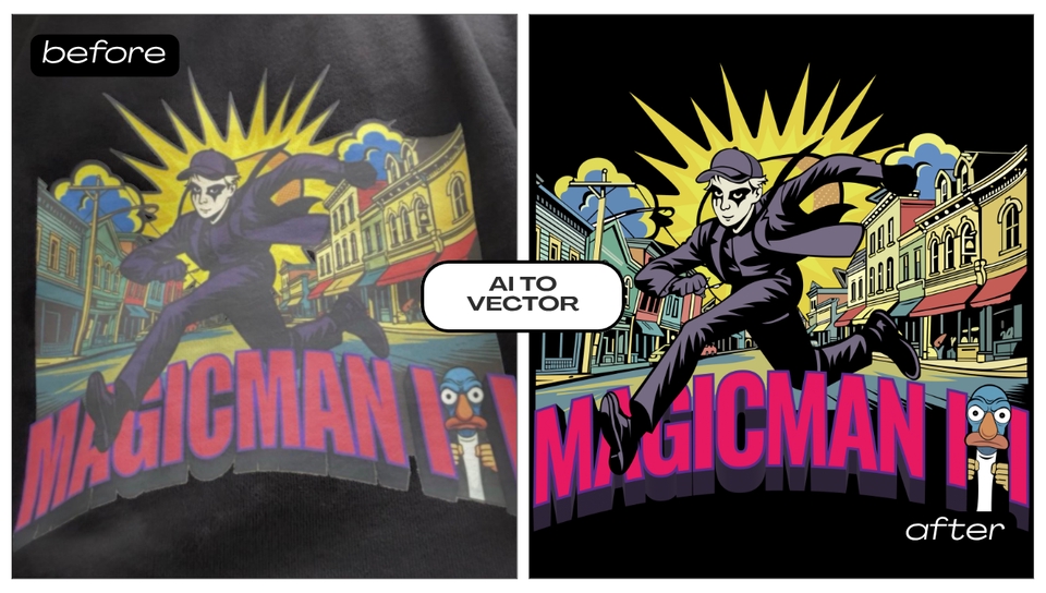 รับวาดภาพเวกเตอร์ การ์ตูนวิ่งชื่อ MAGICMAN II หน้าอาคารเมือง โทนสีสดใส ภาพประกอบแนวแอดเวนเจอร์