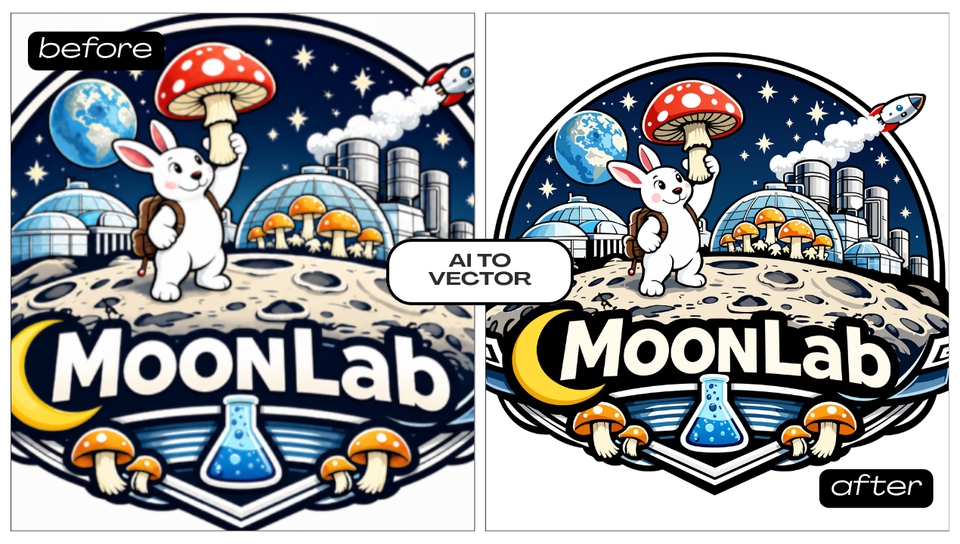 รับวาดภาพเวกเตอร์ ลายกระต่ายบนดวงจันทร์กับเห็ด ทำภาพประกอบ ai to vector